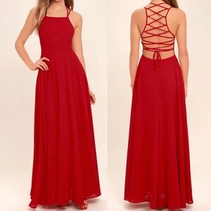 NWT Lulus Size Large Strappy To Be Here Red Lace-Up Maxi Dress Flowy Sexy